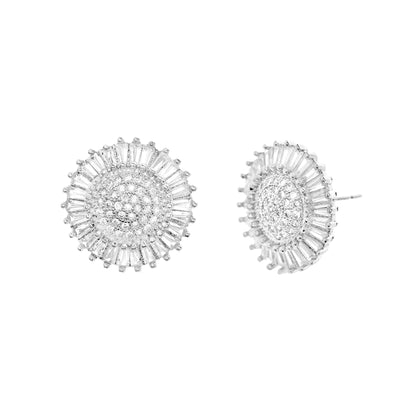 Round and Baguette Cubic Zirconia Ballerina Halo Stud in Rhodium Plated Sterling Silver