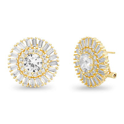 Baguette and Round Shaped Prong Set Cubic Zirconia Ballerina Stud Bridal Halo Earring for Women  with Omega Back in Yellow Gold Plated 925 Sterling Silver