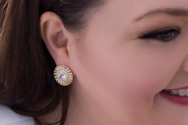 Cubic Zirconia Ballerina Stud  Halo Earring with Omega Back in Yellow Gold or Rhodium Plated Silver