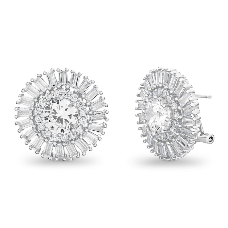 Cubic Zirconia Ballerina Stud  Halo Earring with Omega Back in Yellow Gold or Rhodium Plated Silver