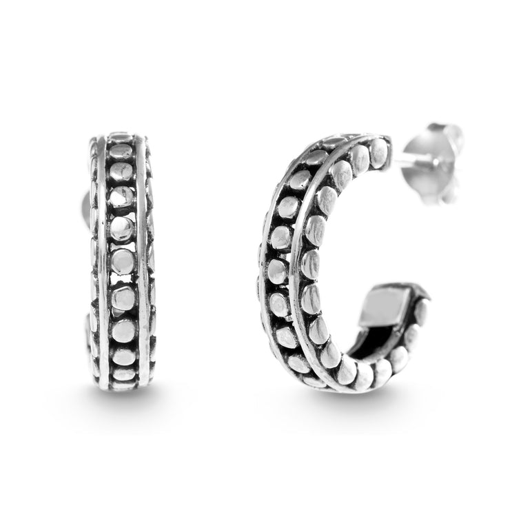 Oxidized Sterling Silver Half Hoop Beaded Post Earrings
