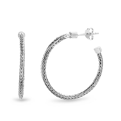 Byzantine Textured C-Hoop Sterling Silver Hoop Earrings