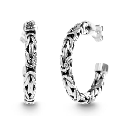 Byzantine Textured C-Hoop Sterling Silver Hoop Earrings