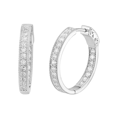 Cubic Zirconia 19mm Inside Outside Hoop Earrings with Milgrain in Rhodium Plated Sterling Silver