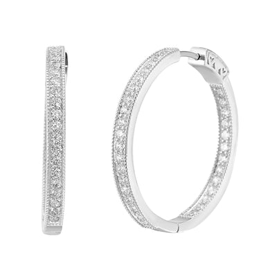 Cubic Zirconia 35mm Inside Outside Hoop Earrings with Milgrain in Rhodium Plated Sterling Silver