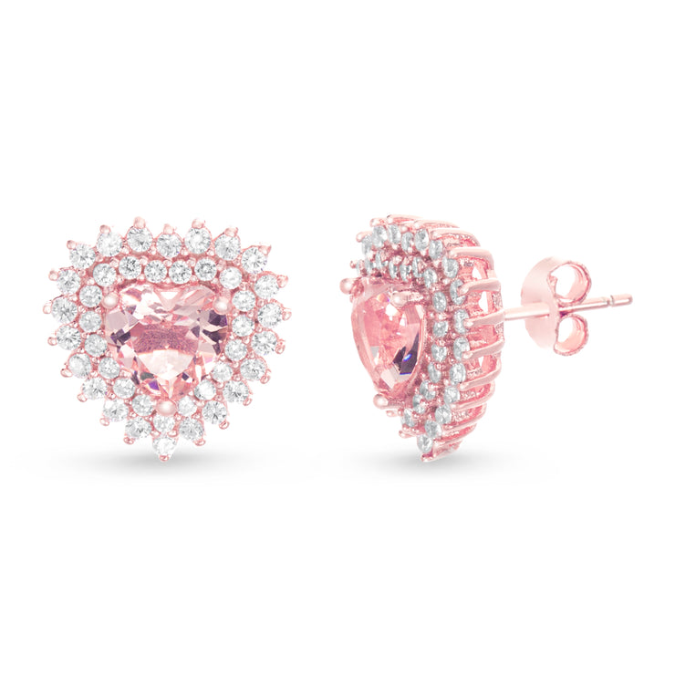 Heart Shaped Prong Set Simulated Morganite and Cubic Zirconia Stud Bridal Halo Earring for Women in Rose Gold Plated 925 Sterling Silver