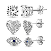 Cubic Zirconia Sterling Silver Heart Evil Eye Stud Earring Set