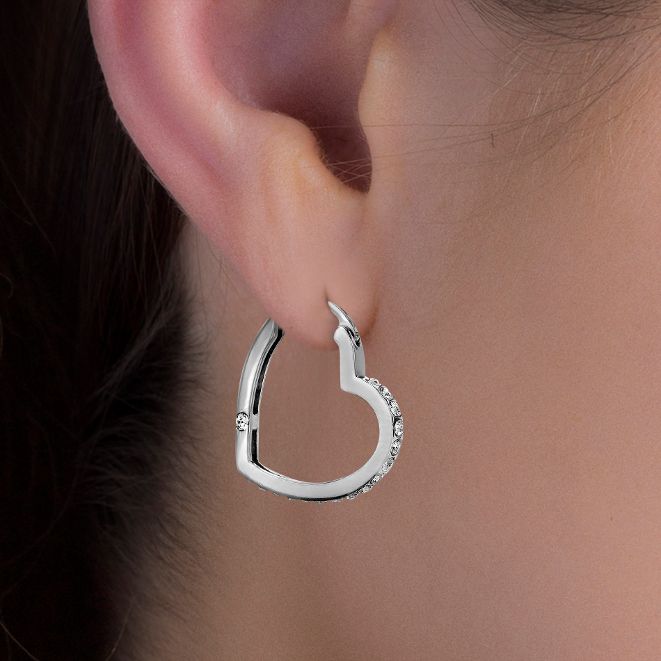 Crystal Heart Shape Hinge Earrings in Rhodium Plated Sterling Silver