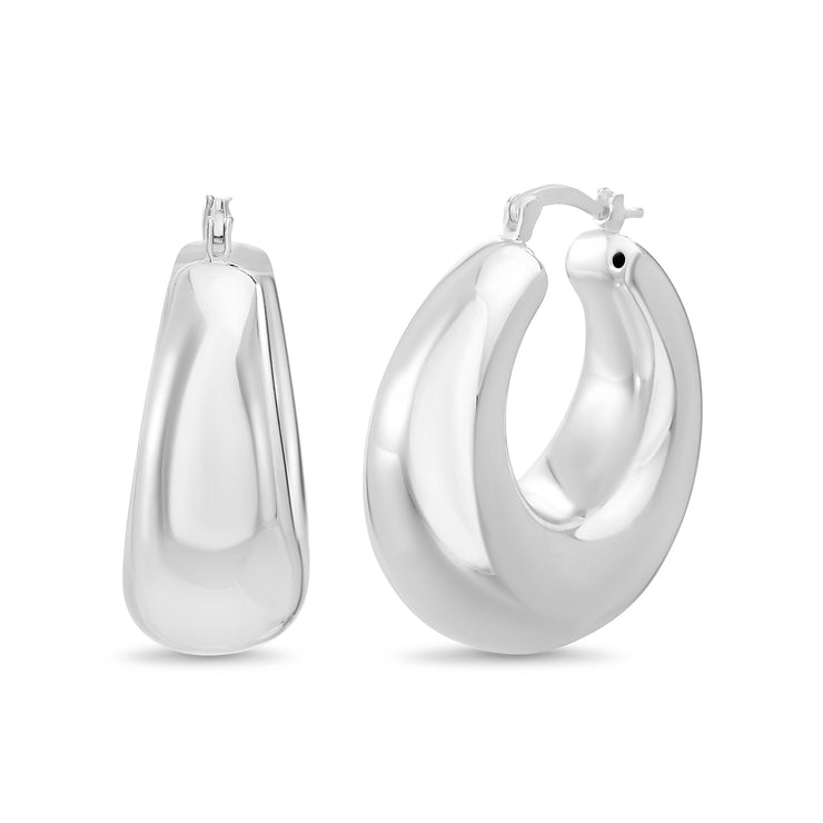 Polished Shell Ridged Design Edge Hoop Earrings in Sterling Silver