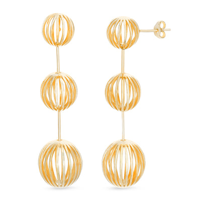 Yellow Gold Plated Sterling Silver Graduated Cage Ball Drop Earrings