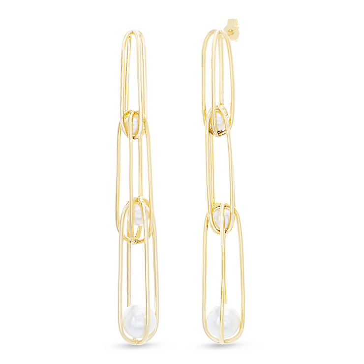 Yellow Gold Plated Sterling Silver Simulated Pearl Long Cage Earrings