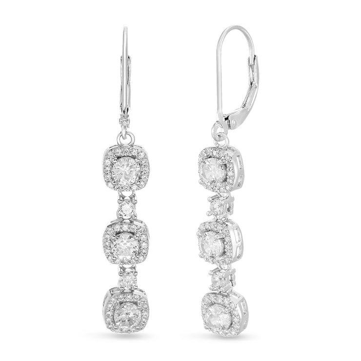 Round Prong Set Cubic Zirconia Drop Dangle Bridal Leverback Halo Earring for Women in Rhodium Plated 925 Sterling Silver