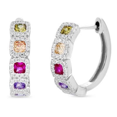 Rainbow Cubic Zirconia Huggie Hoop Earring in Rhodium Plated Sterling Silver
