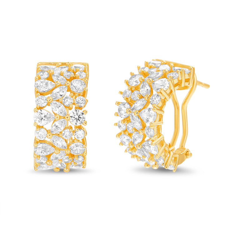 Fancy Cut Prong Set Cubic Zirconia Hoop Bridal Earring for Women  with Omega Back in Yellow Gold Plated 925 Sterling Silver