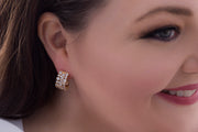 Fancy Cut Cubic Zirconia Hoop Earring with Omega Back in Yellow Gold or Rhodium Plated Silver