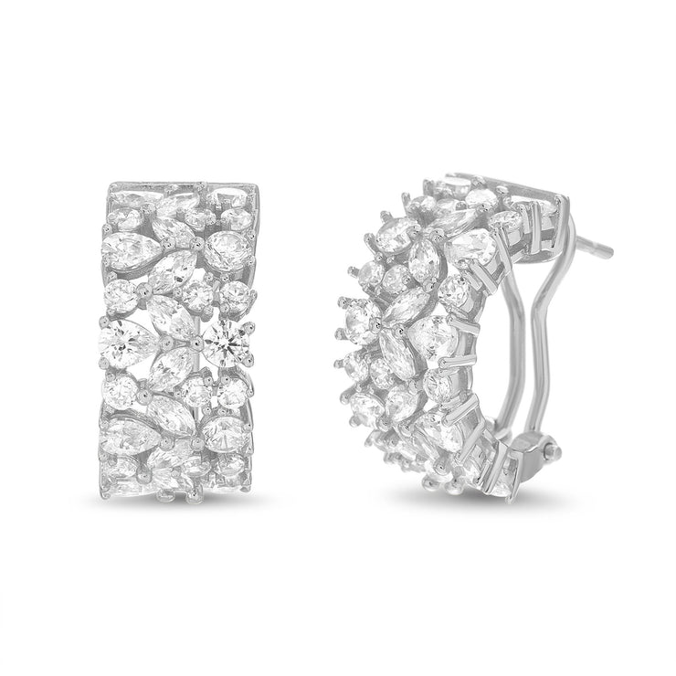 Fancy Cut Cubic Zirconia Hoop Earring with Omega Back in Yellow Gold or Rhodium Plated Silver