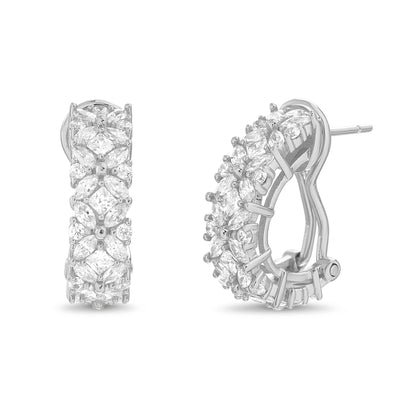 Fancy Cut Prong Set Cubic Zirconia Flower Pattern Hoop Bridal Earring for Women with Omega Back in Rhodium Plated 925 Sterling Silver