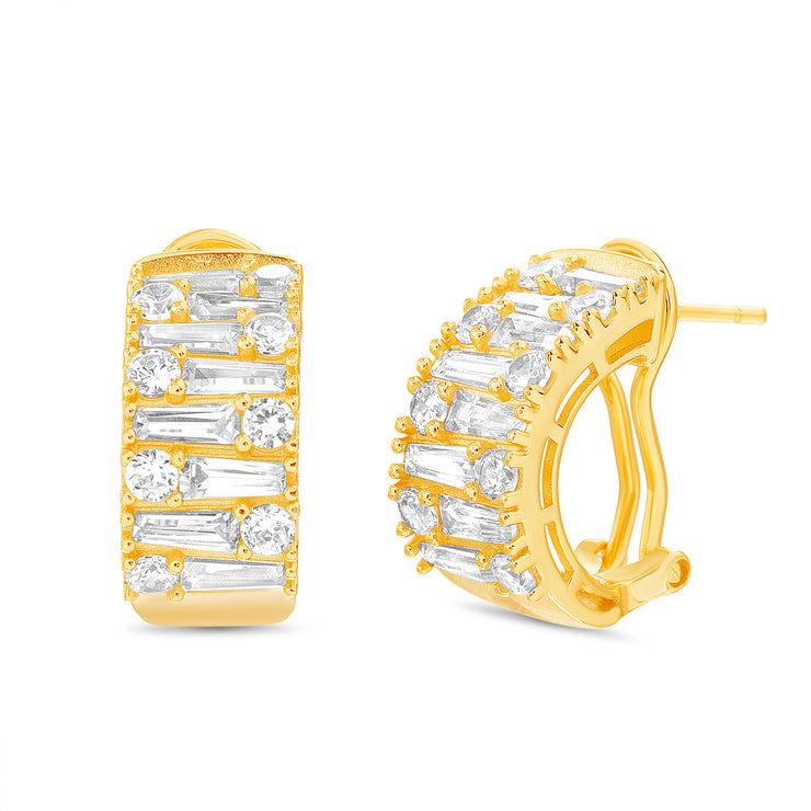 Baguette and Round Shaped Prong Set Cubic Zirconia Hoop Bridal Earring for Women with Omega Back in Yellow Gold Plated 925 Sterling Silver