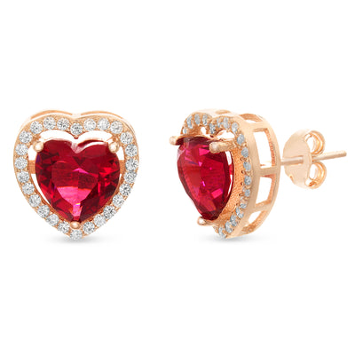 Cubic Zirconia and Simulated Ruby Stud Earrings in Rose Gold Plated Sterling Silver