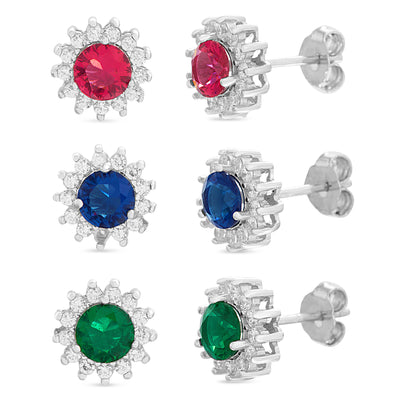 Simulated Gemstone and CZ 3 Pair Stud Earrings in Rhodium Plated Sterling Silver