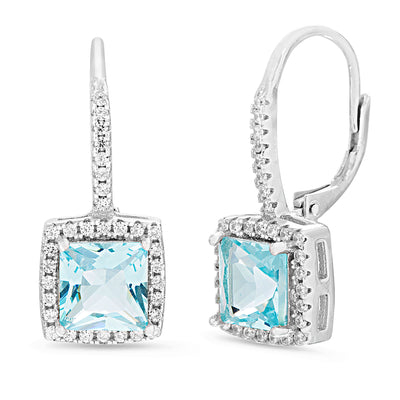 Cushion Shaped Prong Set Simulated Aquamarine and Cubic Zirconia Drop Dangle Bridal Leverback Halo Earring for Women in Rhodium Plated 925 Sterling Silver