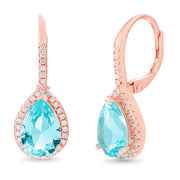 Pear and Round Shaped Prong Set Simulated Aquamarine and Cubic Zirconia Drop Dangle Bridal Leverback Halo Earring for Women in Rose Gold Plated 925 Sterling Silver