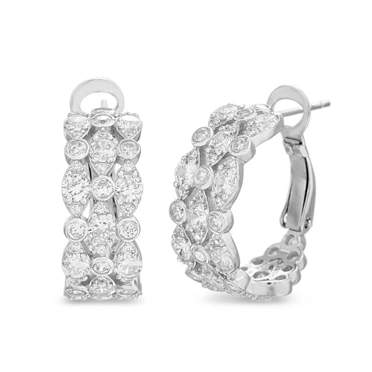 Fancy Cut Bezel Set Cubic Zirconia Hoop Bridal Earring for Women in Rhodium Plated 925 Sterling Silver