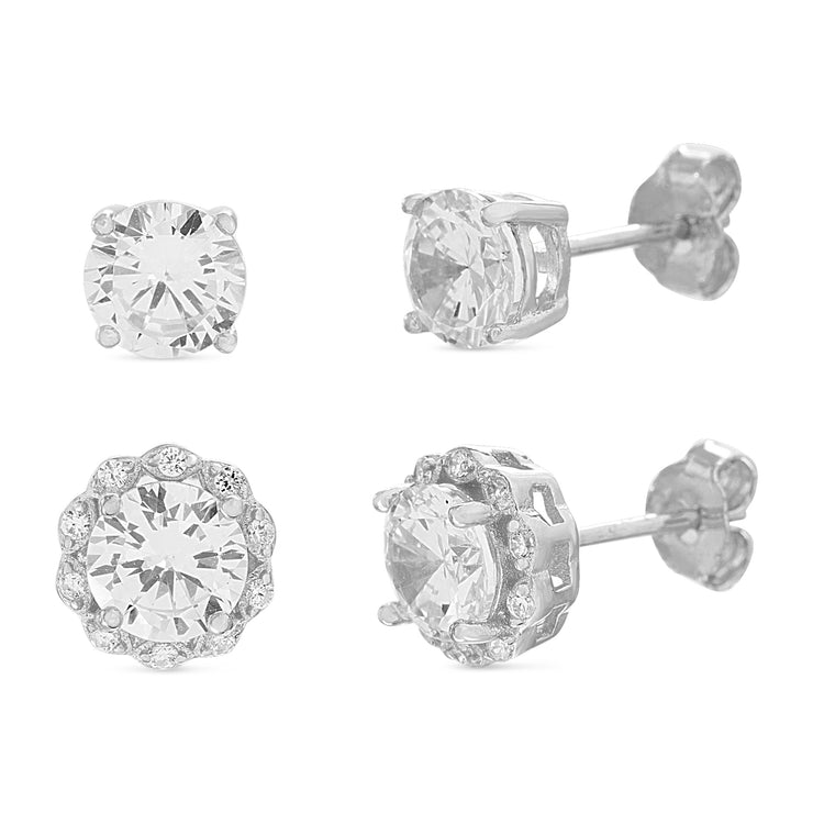 Round Prong Set Cubic Zirconia Antique Style Stud Bridal Earring Set for Women in Rhodium Plated 925 Sterling Silver