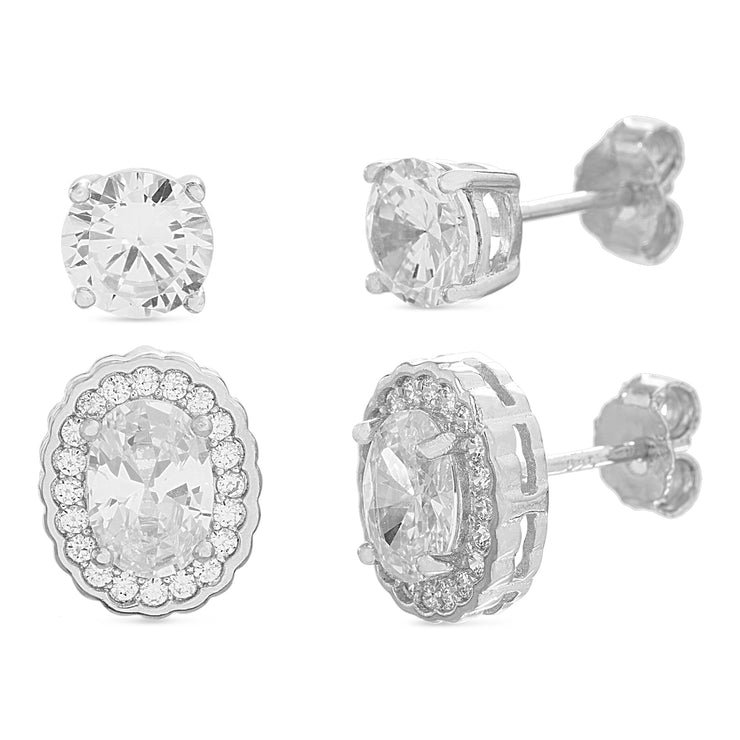 Antique Style Cubic Zirconia Oval Halo Stud Set in Rhodium Plated Sterling Silver