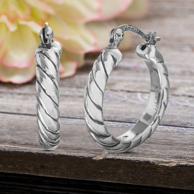 Ripped or Twisted Round Hoop Earrings in E-Coat Plated Sterling Silver