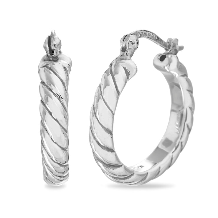 Ripped or Twisted Round Hoop Earrings in E-Coat Plated Sterling Silver