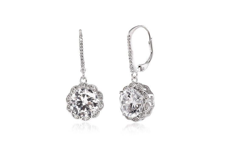 Round Prong Set Cubic Zirconia Antique Style Halo Leverback Drop Dangle Bridal Earring for Women in Rhodium Plated 925 Sterling Silver