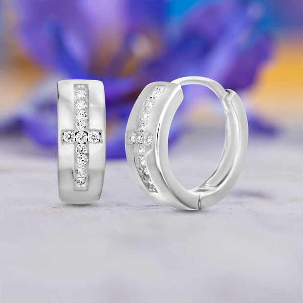 Cubic Zirconia Bezel Cross Design Huggie Earrings in Sterling Silver
