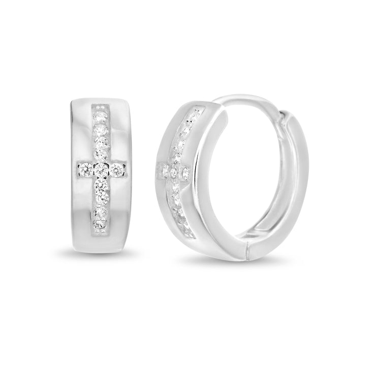 Cubic Zirconia Bezel Cross Design Huggie Earrings in Sterling Silver