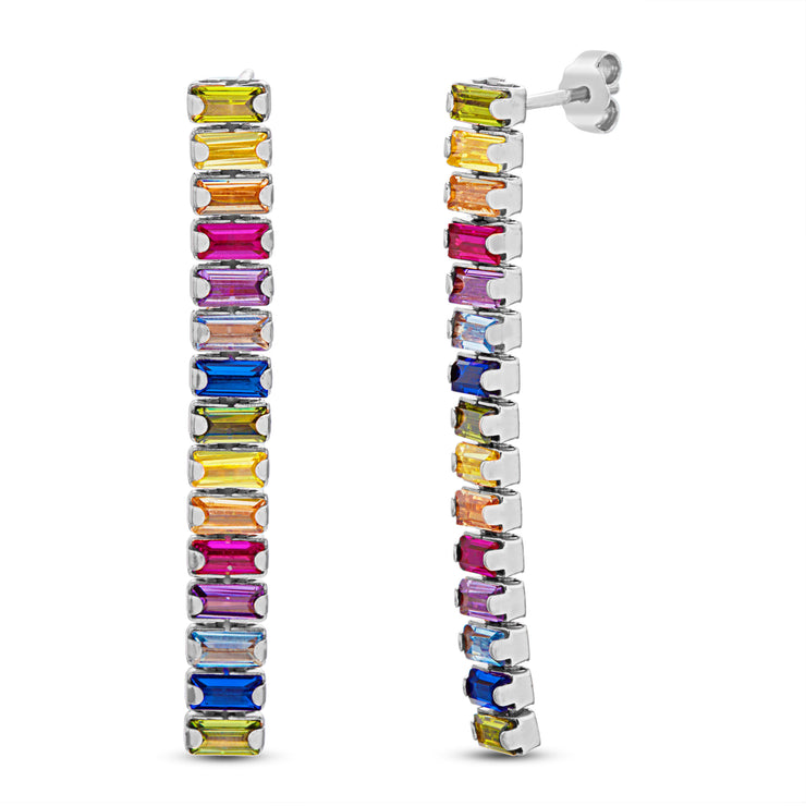 Rainbow Baguette Cubic Zirconia Linear Earrings in Sterling Silver
