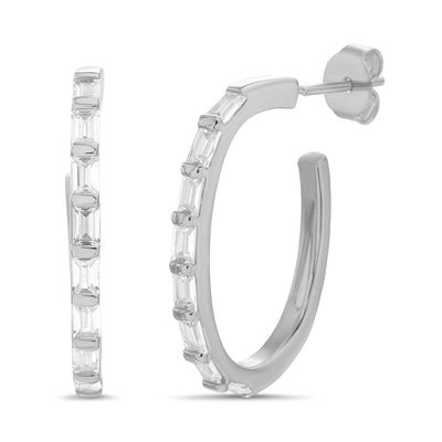 Baguette Cubic Zirconia Rhodium Plated Sterling Silver Hoop Earrings