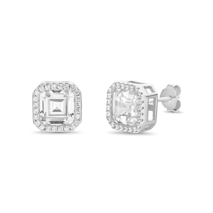 Square Emerald Cut Cubic Zirconia Antique Style Stud Earrings in Rhodium Plated Sterling Silver