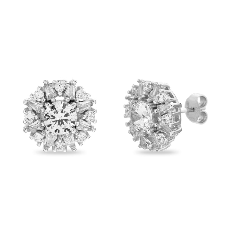 Cubic Zirconia Round Fancy Halo Stud in Rhodium Plated Sterling Silver