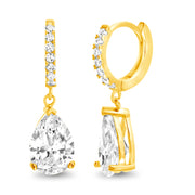 Pear Shaped Cubic Zirconia Teardrop Dangle Huggie Hoop Earring in Sterling Silver