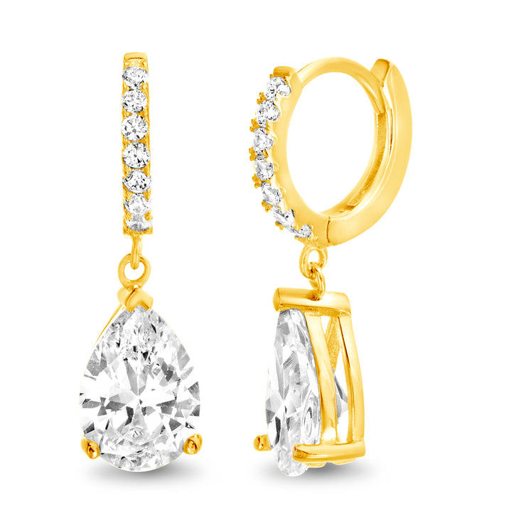 Pear Shaped Cubic Zirconia Teardrop Dangle Huggie Hoop Earring in Sterling Silver