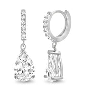 Pear Shaped Cubic Zirconia Teardrop Dangle Huggie Hoop Earring in Sterling Silver
