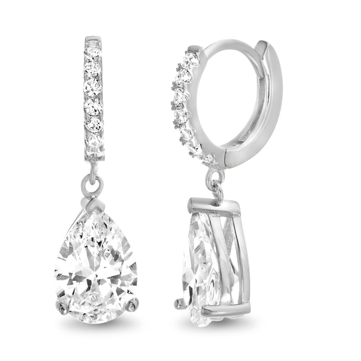 Pear Shaped Cubic Zirconia Teardrop Dangle Huggie Hoop Earring in Sterling Silver