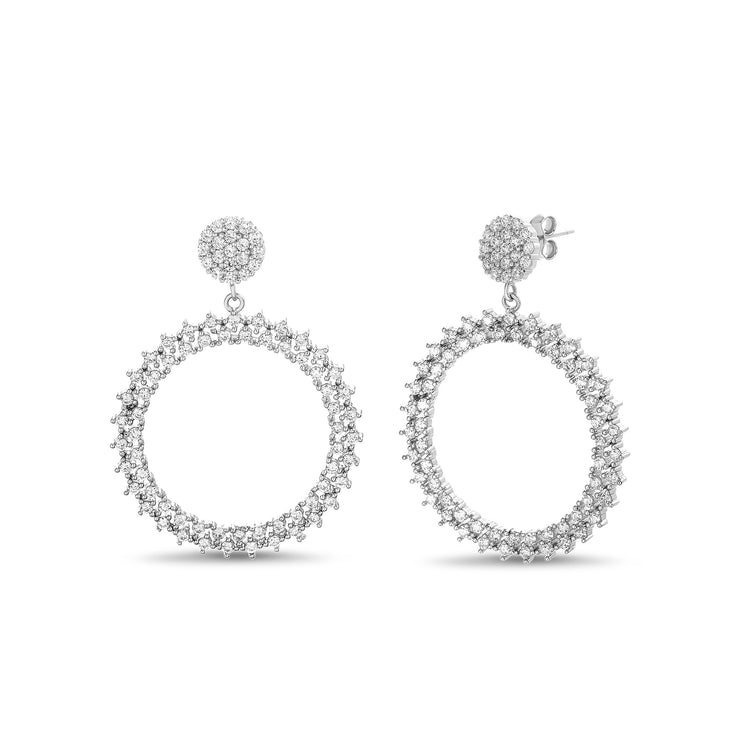Cubic Zirconia Open Shape Dangle Earrings in Rhodium Plated Sterling Silver