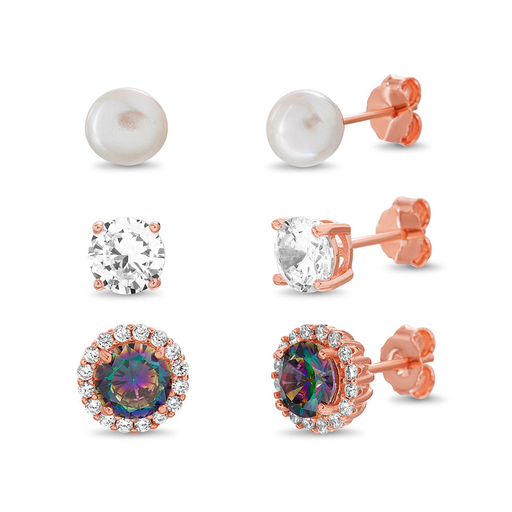 Rose Gold Plated Sterling Silver Cubic Zirconia and Pearl 3 Pair Earring Set