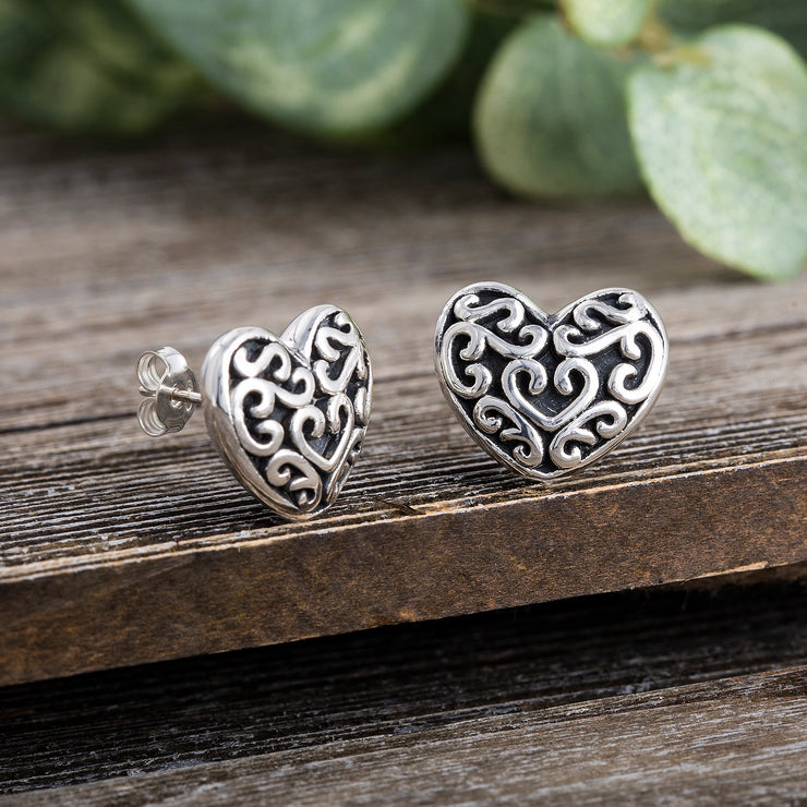 Sterling Silver Filigree Heart Stud Earrings