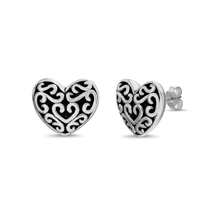 Sterling Silver Filigree Heart Stud Earrings