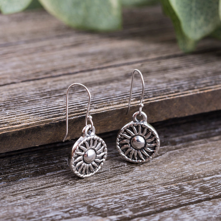 Oxidized Dangling Sun Earrings in Sterling Silver