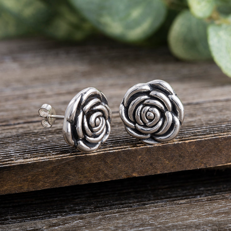 Oxidized Rose Design Stud Post Earrings in Sterling Silver