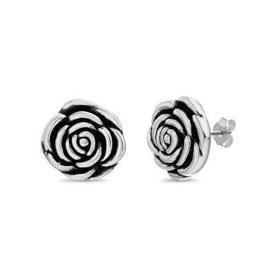 Oxidized Rose Design Stud Post Earrings in Sterling Silver