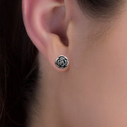 Oxidized Rose Design Stud Post Earrings in Sterling Silver